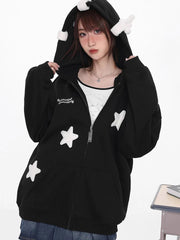 Stars Print Women Hoodies Vintage Cute Preppy Style Long Sleeve Sweatshirts American Retro Letter Loose Design Female Tops voguable
