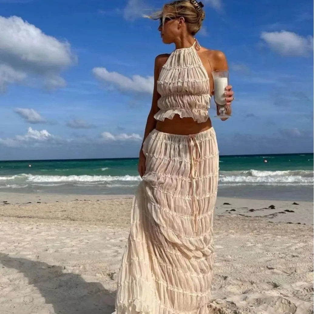 Fashion Solid Hang Neck Long Skirt Suit Women Backless Sling Top Lace Up Fold Maxi Skirts 2024 Spring Summer Female 2 Piece Set voguable