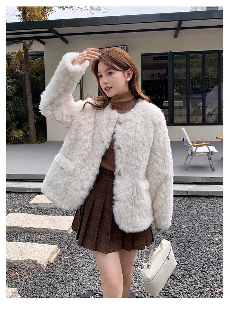 Winter Chic Faux Lamb Coat Women Korean Long Sleeve O Neck Fashion Jacket Sweet Warm Female Elegant All Match Solid Outwear Tops voguable