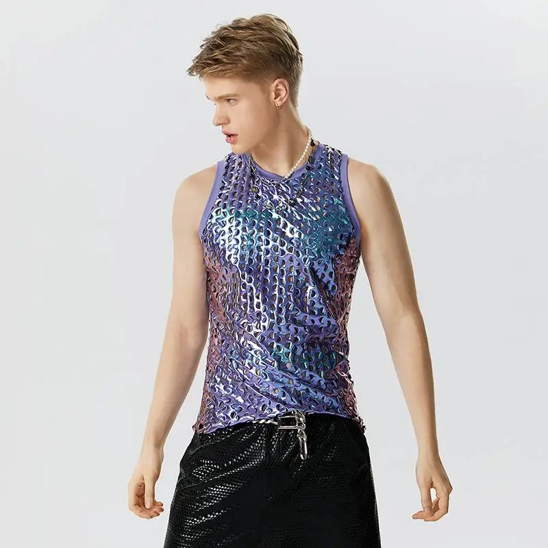 Men Tank Tops Sparkling O-neck Sleeveless Streetwear Hollow Out Vests Summer Sexy Fashion Party Men Clothing S-5XL voguable