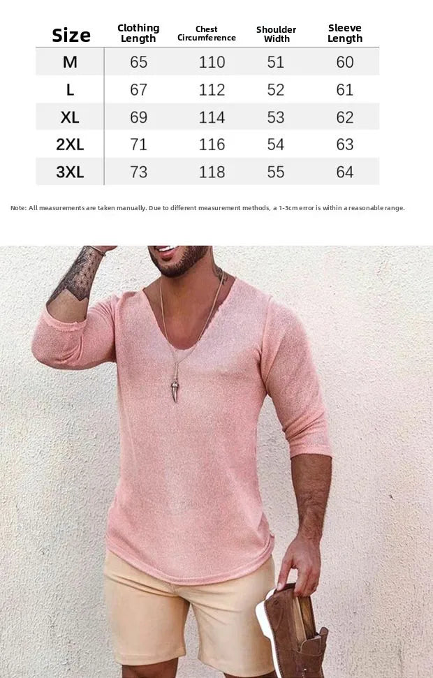 Voguable  Lightweight Breathable Loose Long Sve U-Ne Hollow out Knitted T-irt for Men Made of Linen Ice Silk Trendy Summer Top voguable