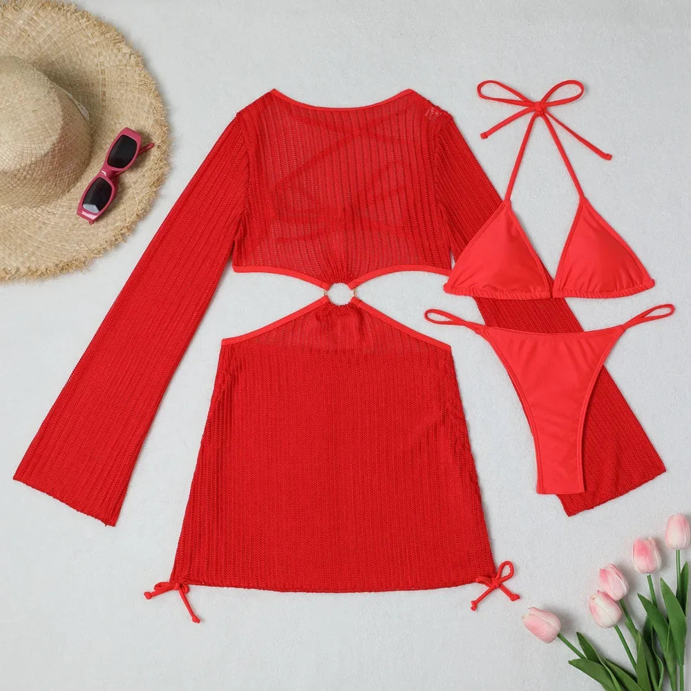 Voguable  White Mesh Backless Dress Cover Up Swimwear 3 Piece Bikini Set String Lace-up Micro Thong Swimsuit Women Halter Triangle Bikinis voguable