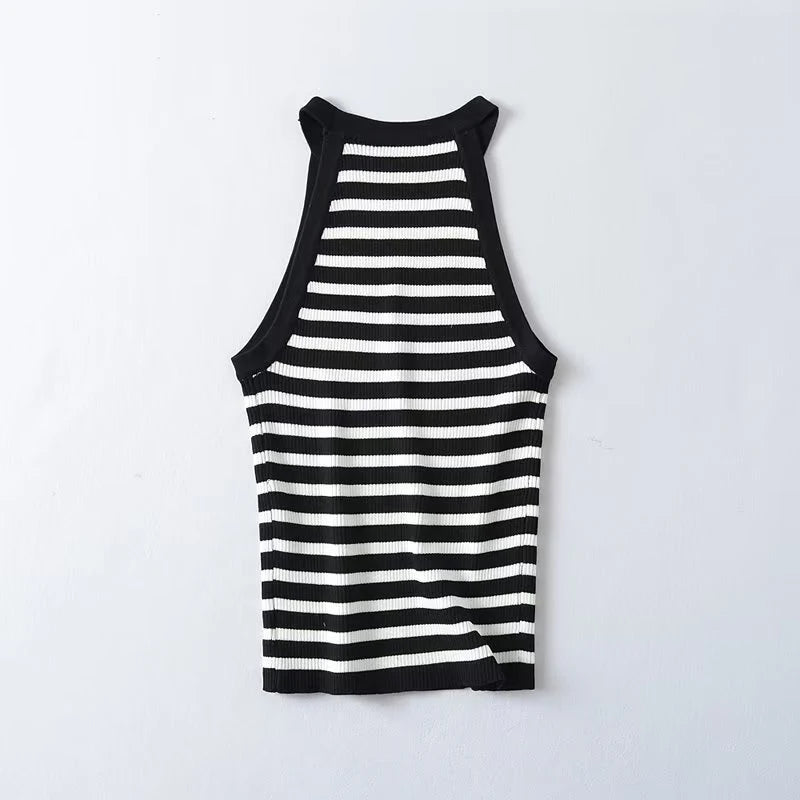 Voguable Summer Women Sexy Slim Sleeveless Striped Halter Knit Top voguable