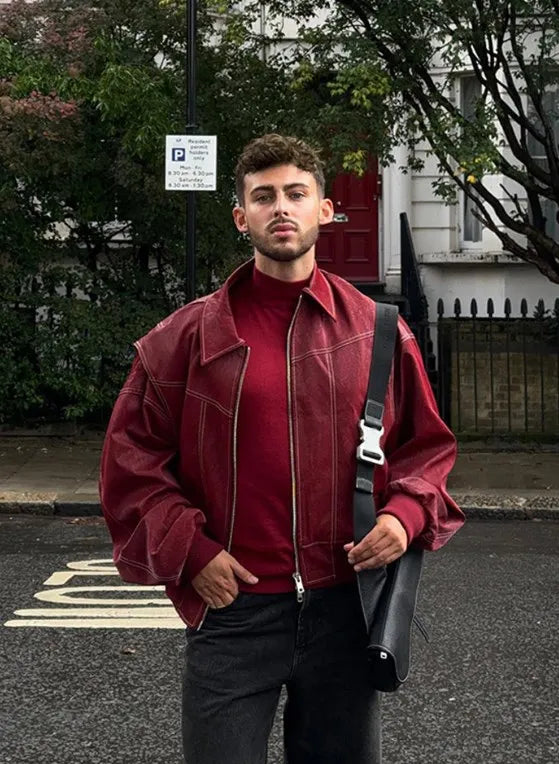 Casual Pu Leather Double Zipper Long Sleeve Coat  Trendy Green Faxu Leathers Lapel Men's Baggy Bomber Jacket Chic Outwear voguable