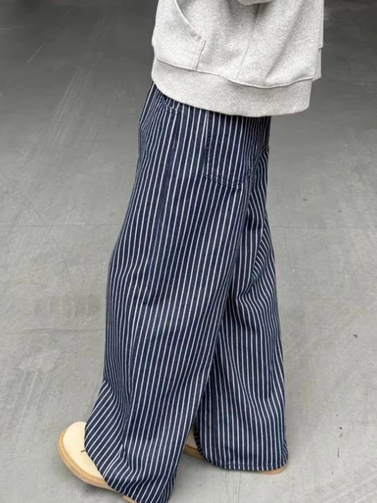 Vintage Blue Striped Jeans Women Casual High Waist Loose American Denim Pants Harajuku Streetwear Bf Hip Hop Wide Leg Pants voguable