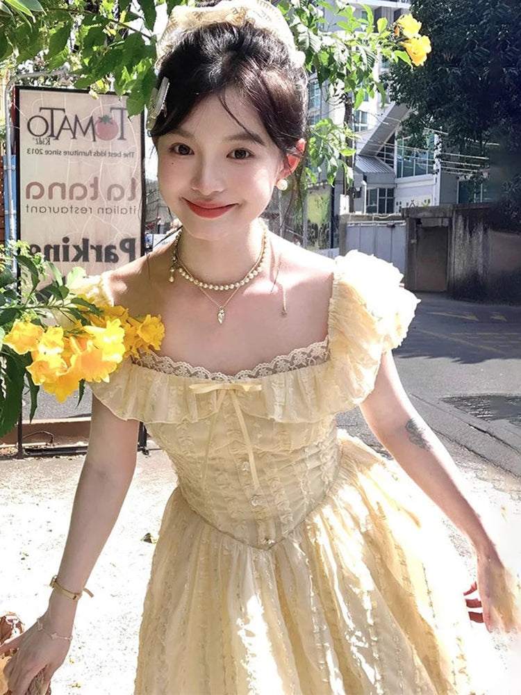 Sweet Sexy Slim Yellow Dress Women Fashion Lace Patchwork Cute Mini Dress Chic Square Collar Puffy Sleeve Elegant Vestidos voguable