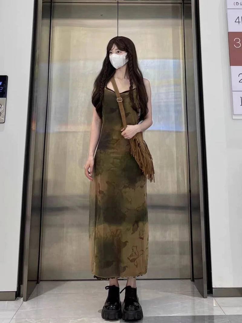 Voguable Tie-dye Gauze Suspender Dress Women 2024 Spring Korean Retro Strapless Mid-length Dress + Black Knitted Cardigan Two-piece Suit voguable