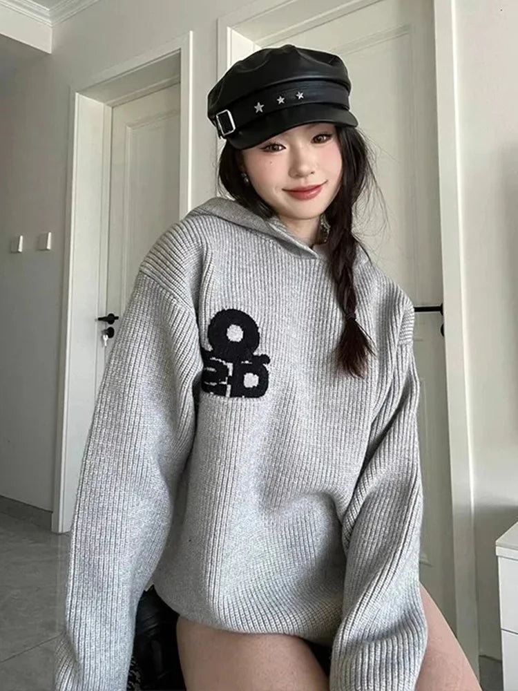 Vintage Gray Hooded Sweaters Women Lazy Wind Long Sleeve Loose Letter Knitted Jumper Casual American Retro Fall Pullovers voguable