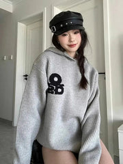 Vintage Gray Hooded Sweaters Women Lazy Wind Long Sleeve Loose Letter Knitted Jumper Casual American Retro Fall Pullovers voguable