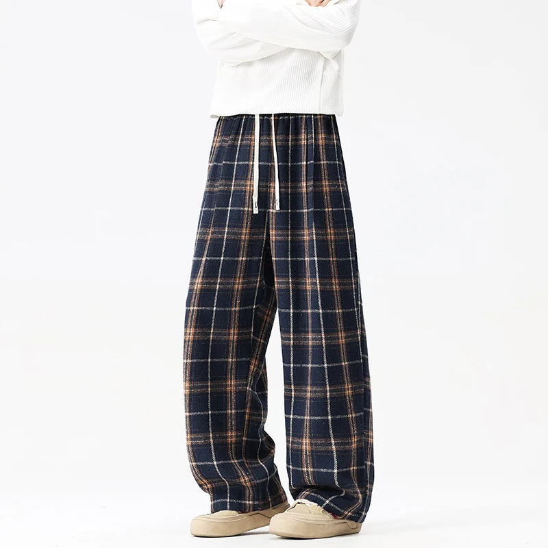 Autumn Thick Casual Pants Men Warm Retro Plaid Pants Men Streetwea Hip-hop Loose Wide Leg Pants Mens Oversized Vintage Trousers voguable