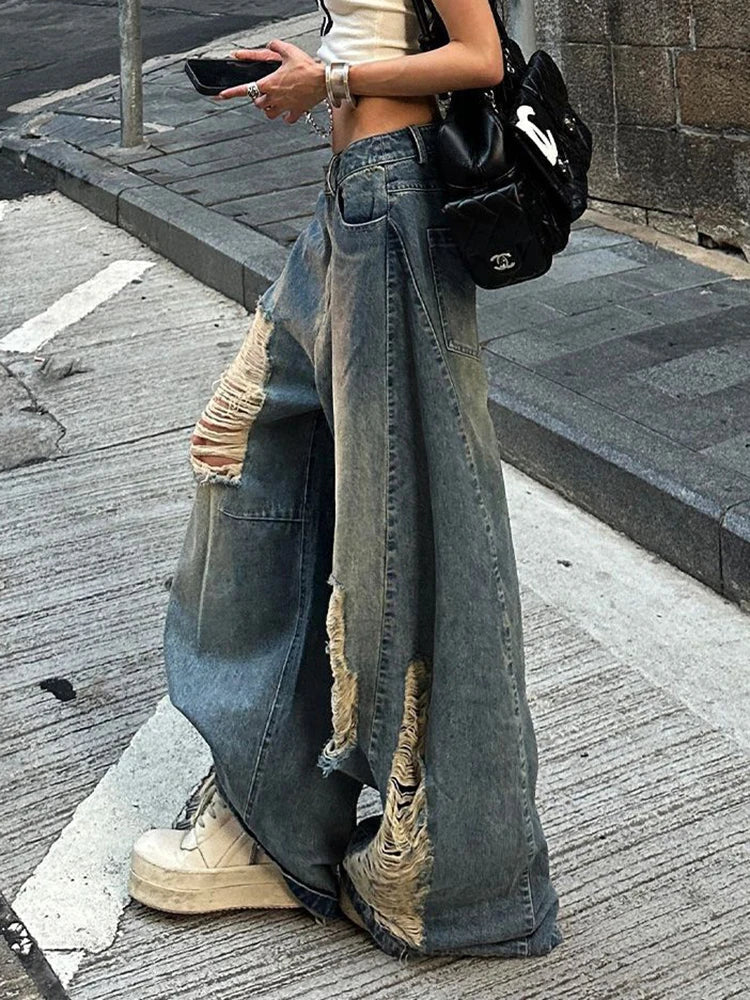 Women Hole Y2K Jeans Streetwear Sexy Low Waist Retro American Denim Pants Loose Pockets Vintage Bf Wide Leg Trousers Fall voguable
