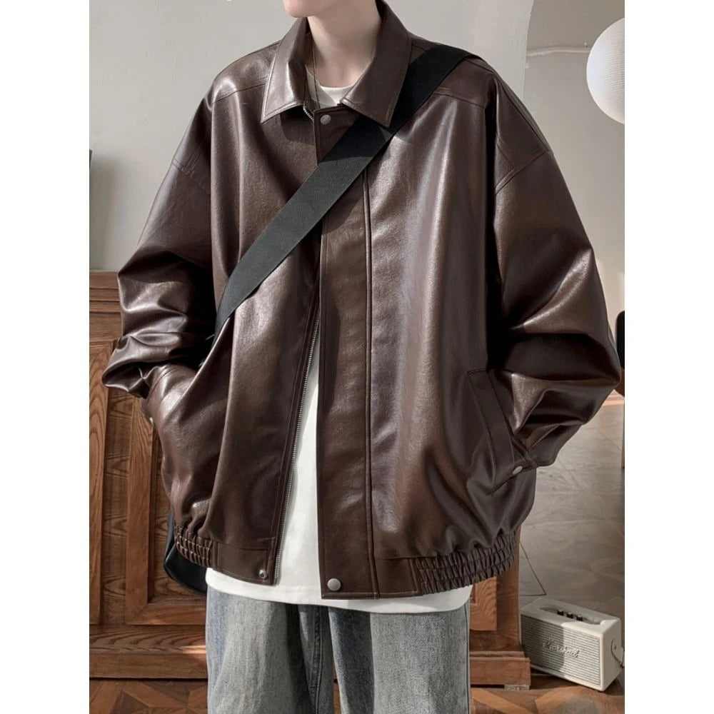 Brown Pu Leather Jacket Men and Women American Vintage Autumn High-end Casual Lapel Zipper Loose Fashion Motorcycle Jacket voguable