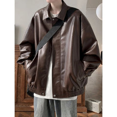 Brown Pu Leather Jacket Men and Women American Vintage Autumn High-end Casual Lapel Zipper Loose Fashion Motorcycle Jacket voguable