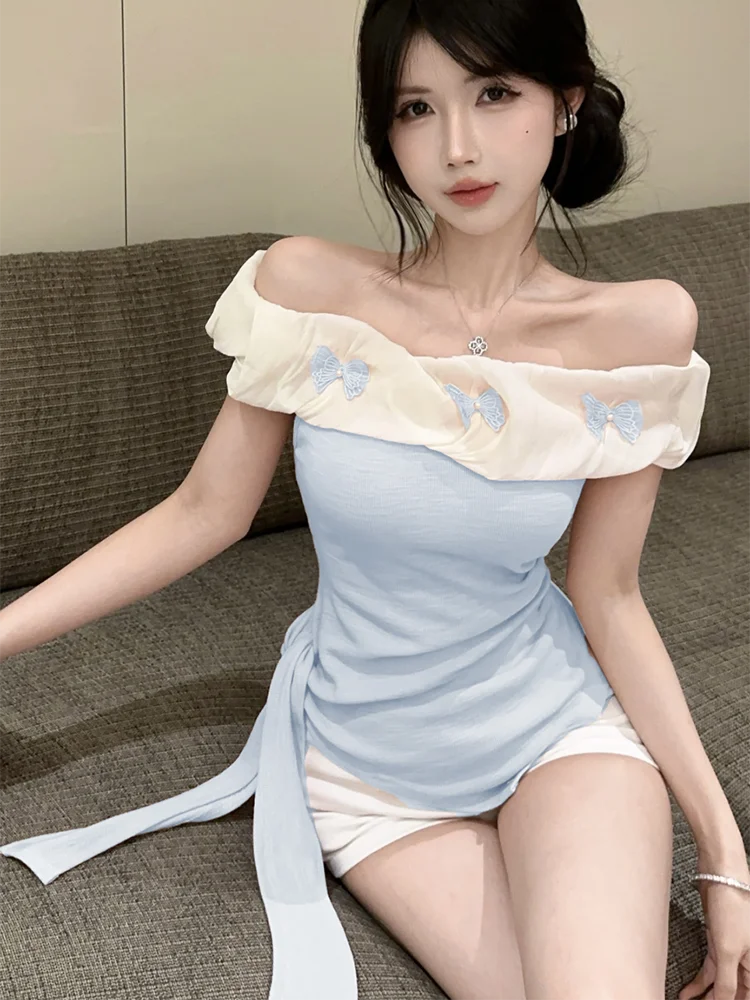 Sexy Off Shoulder Slim T Shirt Women Elegant Fashion Slash Neck Sweet Tees Korean Lace Up Design Irregular Butterfly Tops voguable