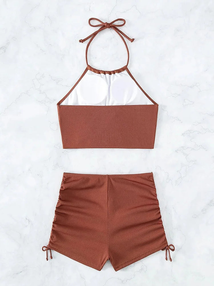 Voguable  Sexy High Waist Laced Up Bikini 2 Piece Set Women Split Swimsuit Beach Bikini New All Season Solid Backless Bikini Set voguable