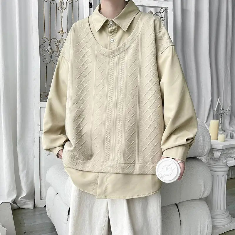 Voguable  plus Size Men's O-Neck Pullover Sweatshirt M-5XL Fake Two-Piece Casual Streetwear Autumn Spring Clothing for Male voguable