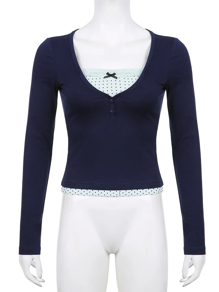 Voguable  Polka Dot Printed Lace Patchwork Fake Two-piece Top y2k Coquette Long Sleeve T-shirt Harajuku Pullover Cute Tees Casual voguable