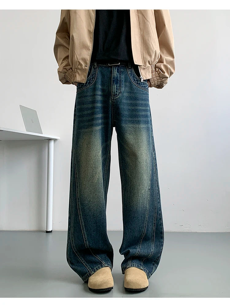 Winter Nostalgic Blue Jeans Men Chic Patchwork Loose Casual Denim Pants Wide Leg Male Straight Mopping Trouser Streetwear voguable