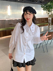Voguable  Elegant Buttons Sweet White Shirt Women Fashion Long Sleeve Simple Blouse Korean Preppy Style Casual All Match Female Tops voguable