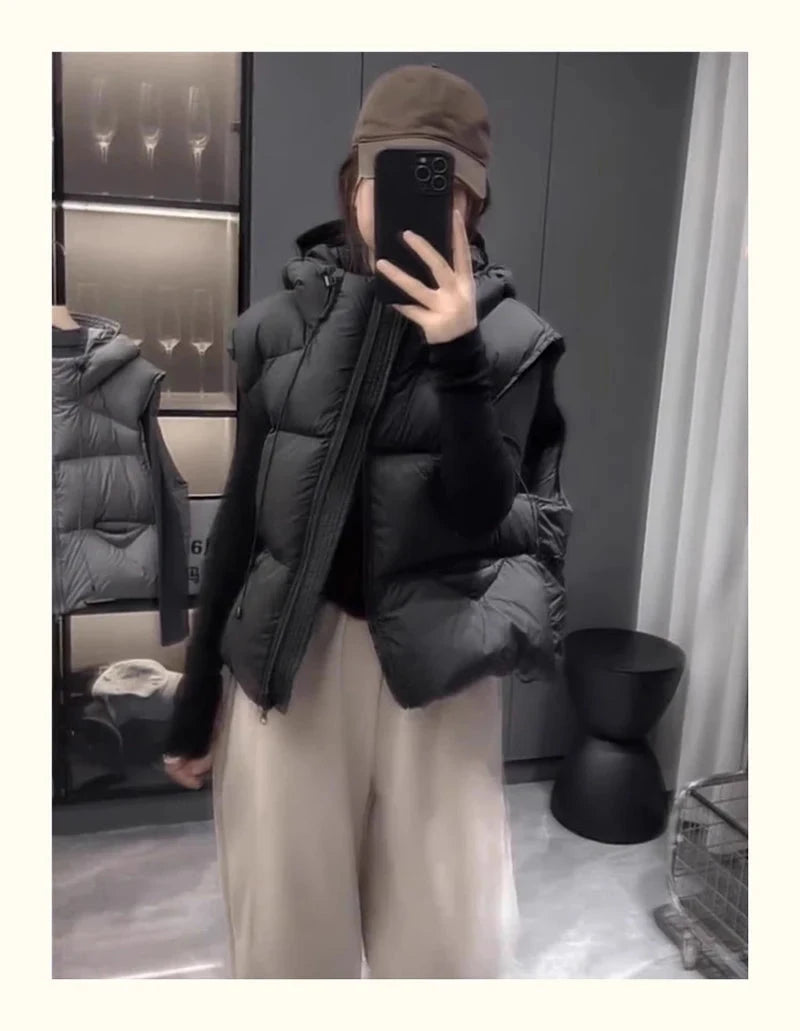 Vintage Y2K Puffy Vest Women Loose Sleeveless Warm Winter Cotton Vest Streetwear Casual Retro American Solid Hooded Vest voguable