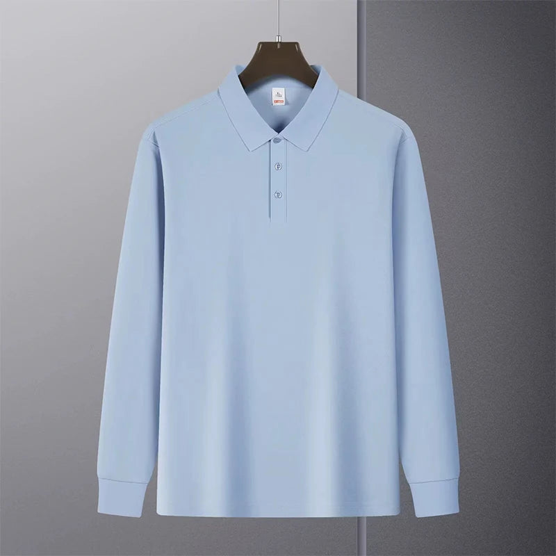 New American Retro Men Polo Shirt Light Luxury Solid Color Slim-fit Commuting Long Sleeve T-shirt Leisure Business Pullover Tops voguable