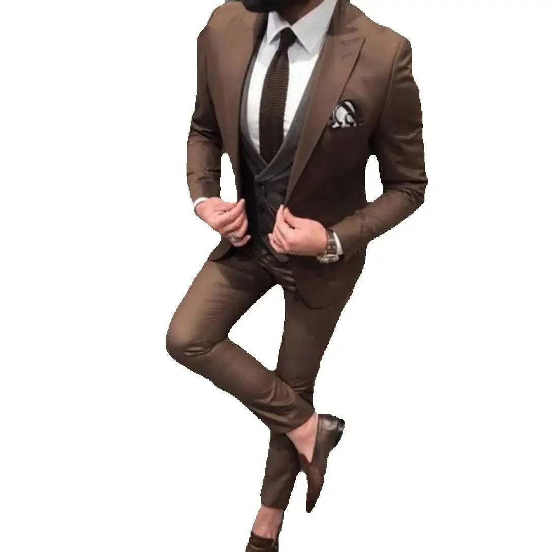 Voguable  New Classic Brown Groom Suits For Men Peaked Lapel Groomsmen Tuxedo Mens Wedding Dress Excellent Man Jacket Blazer Business Suit voguable