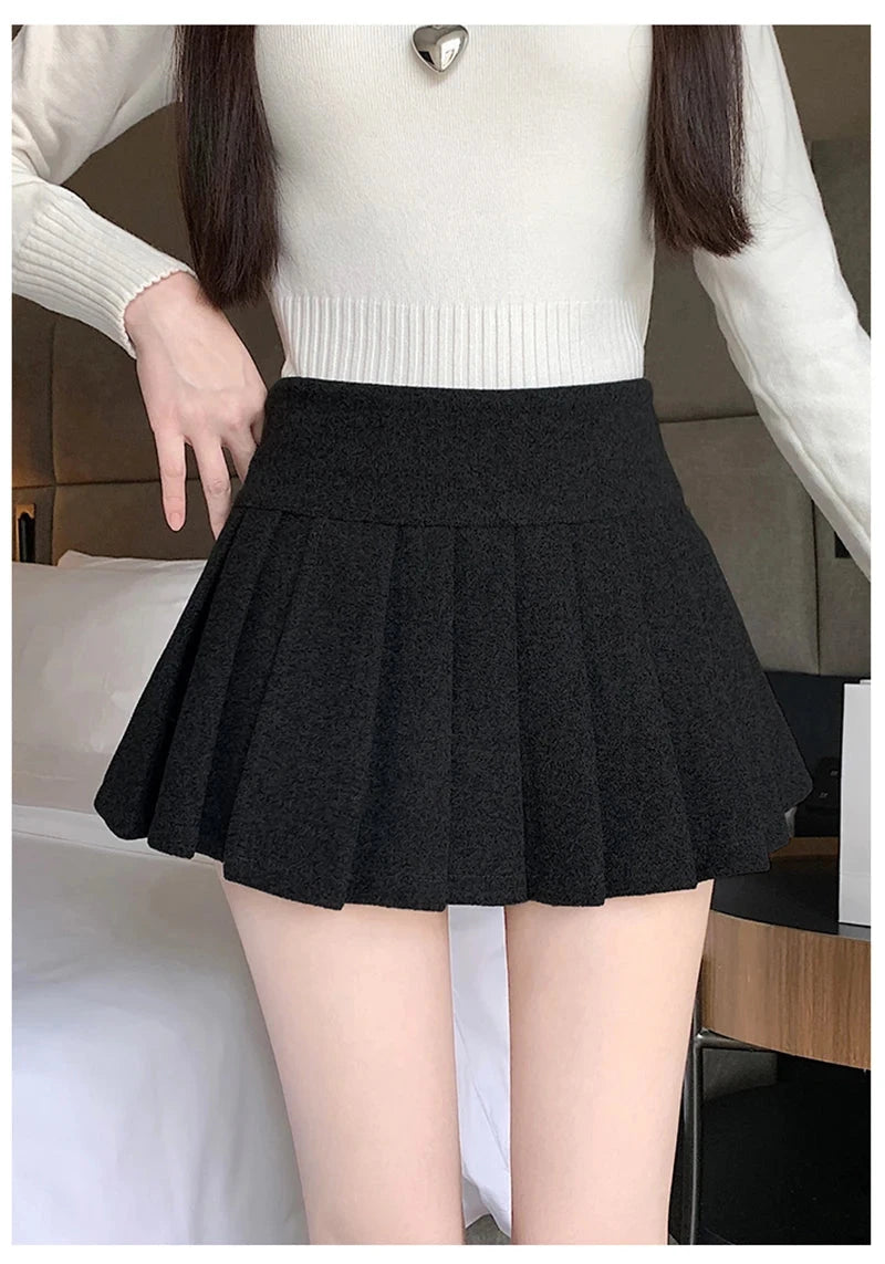 Retro Faux Woolen Pleated Skirt Women Sweet Slim Sexy Mini A Line Skirts Preppy Style High Waist Fall Winter Korean Skirt voguable