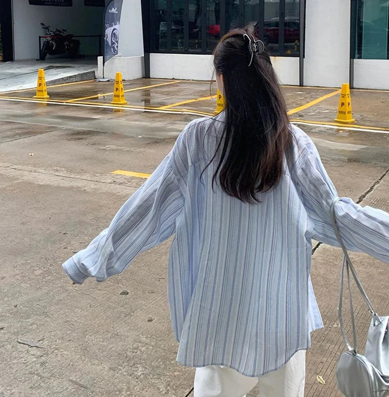 Sweet Casual Women Striped Shirts Loose Long Sleeve Vintage Cotton Linen Sun Proof Blouse Korean Preppy Style Letter Retro Tops voguable