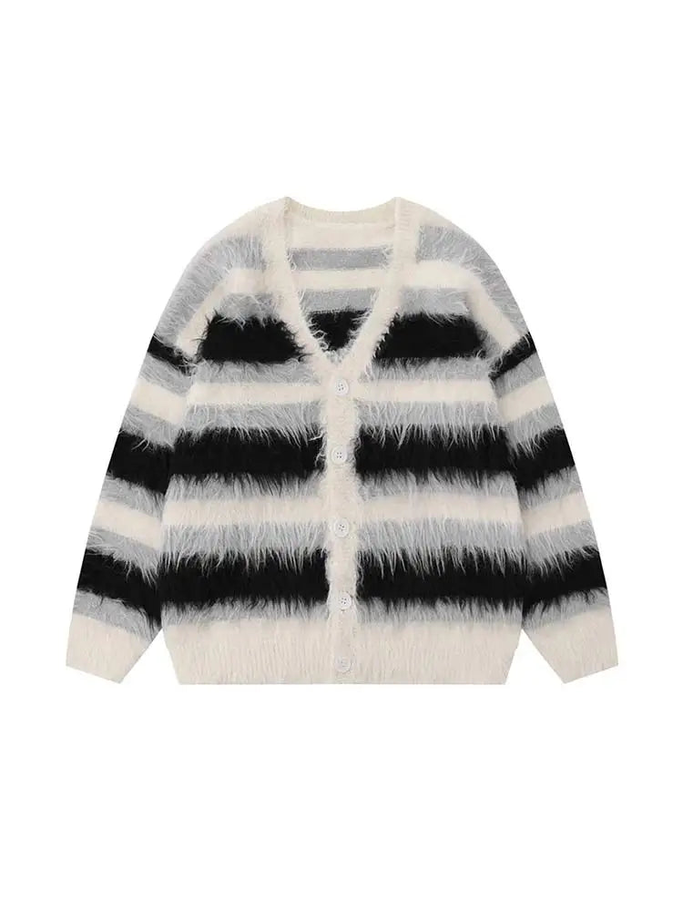 Striped Velvet V Neck Sweater Jacket For Men Fashion Casual Long Sleeve Single Breasted Mohair Coat Chic Warm Knitted Cardigan voguable