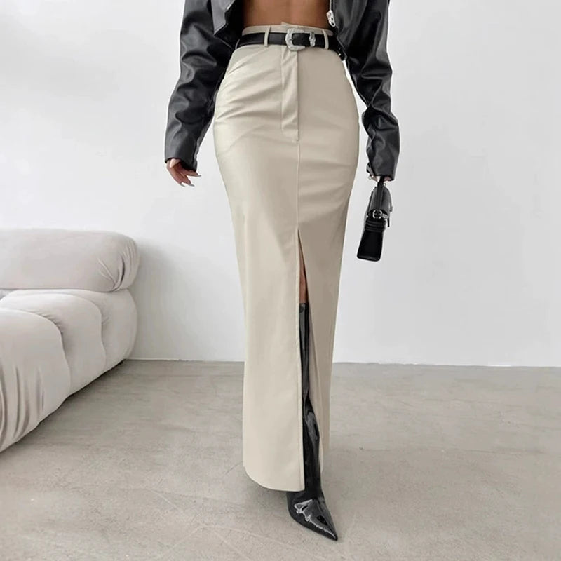 Sexy Slit Pu Leather Skirts Women High Waist Streetwear Slim Female Midi Skirts Y2K Korean Elegant Party Night Lady A Line Skirt voguable