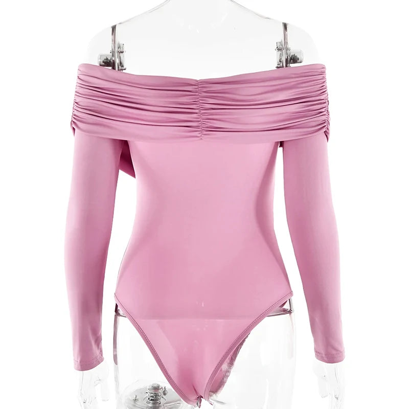 Red Sexy Off Shoulder Women's Bodysuits Fashion Crossed Folds Skinny Rompers Long Sleeve Fashion Streetwear Autumn Bodysuits New voguable