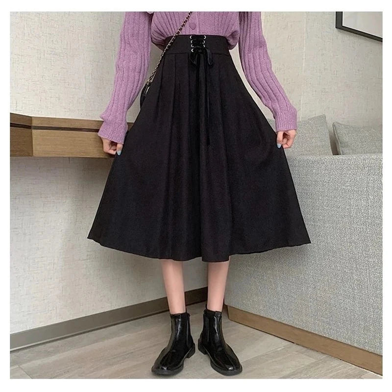 Preppy Style Vintage Long Skirts Women High Waist Sweet Loose A Line Skirt Lace Up Retro Fall Winter Female Elegant Long Skirts voguable