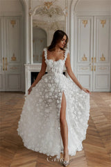 Cathy White 3D Flower Prom Dresses Lace-up Back A-line vestidos de noche Elegant Sleeveless Side High Split Formal Evening 