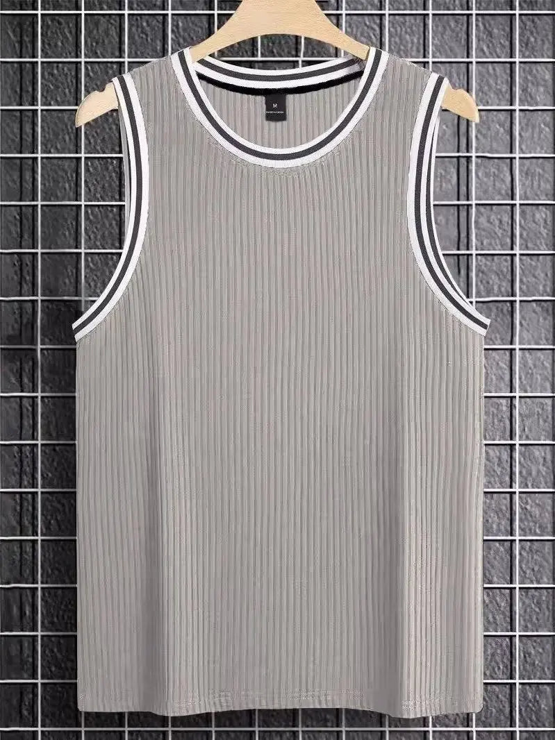 Voguable  Ice Silk Muscle Vest Elastic Ribbed Texture Sporty Sleeveless T-Shirt for Young Men Summer Season Regular Thickness round Neck voguable
