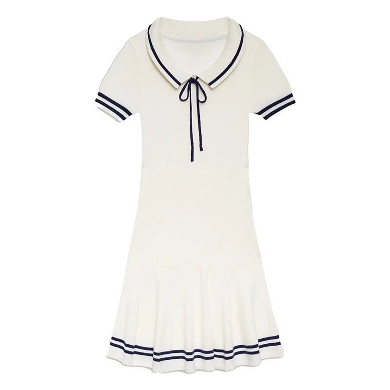 Lapel Lace-up Knit Short Dress 2024 New Fashion Casual A-line Mini Dress For Women Academic Style Pleat Summer Female Vestidos voguable