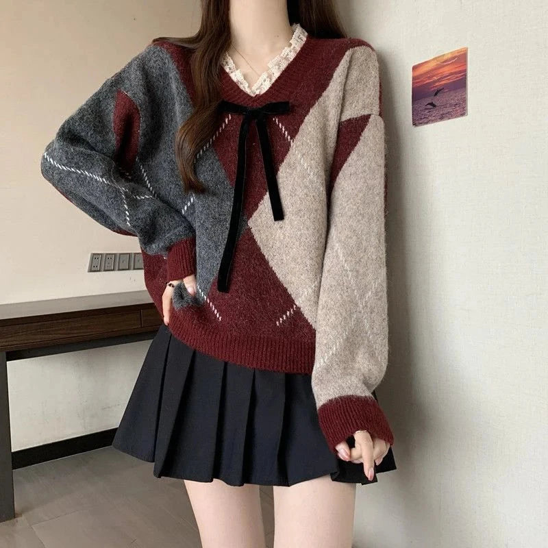 Sweet Bow Argyle Sweaters Women Retro Preppy Style Loose Knitted Pullover Lace Patchwork Long Sleeve Female Vintage Jumpers Fall voguable