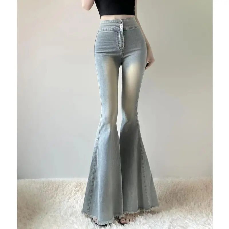 Hot Girl High Waist Tassel Women Fishtail Floor Mopping Jeans Spring Summer Slimming Elasticity Fashion Casual Denim Flare Pants voguable
