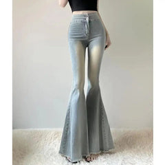 Hot Girl High Waist Tassel Women Fishtail Floor Mopping Jeans Spring Summer Slimming Elasticity Fashion Casual Denim Flare Pants voguable