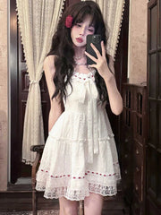 Sweet Lace Patchwork Camis Dress Women Sexy Spaghetti Straps Bow Dress Female Casual Cute Princess Wedding Party Dress New voguable