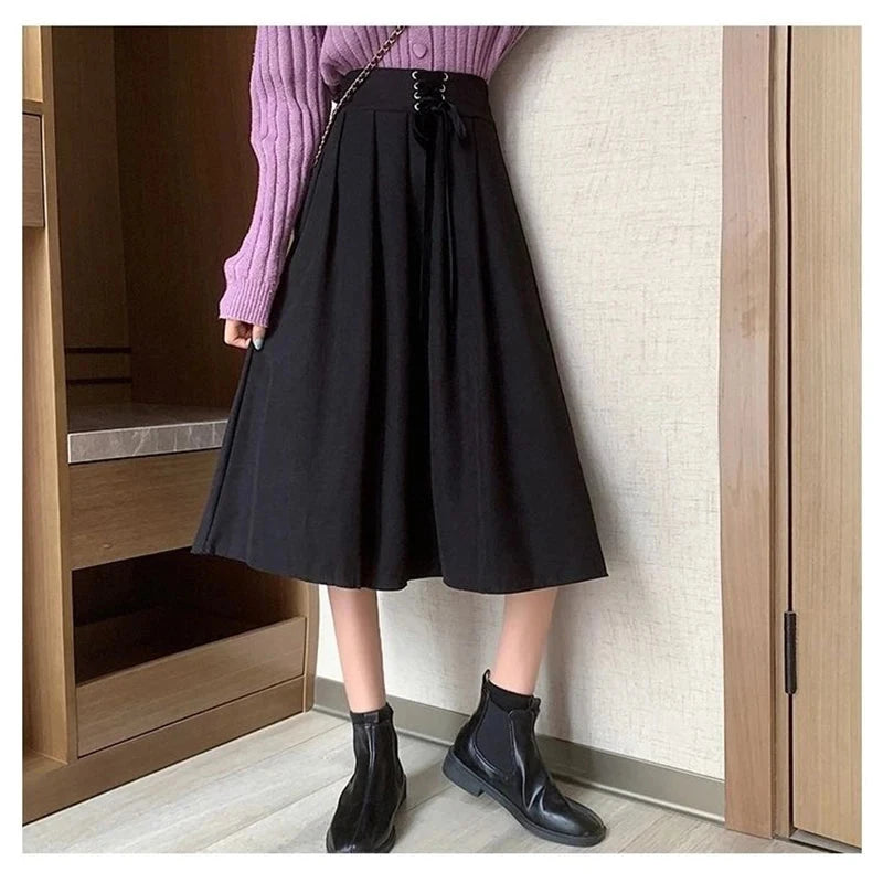 Preppy Style Vintage Long Skirts Women High Waist Sweet Loose A Line Skirt Lace Up Retro Fall Winter Female Elegant Long Skirts voguable