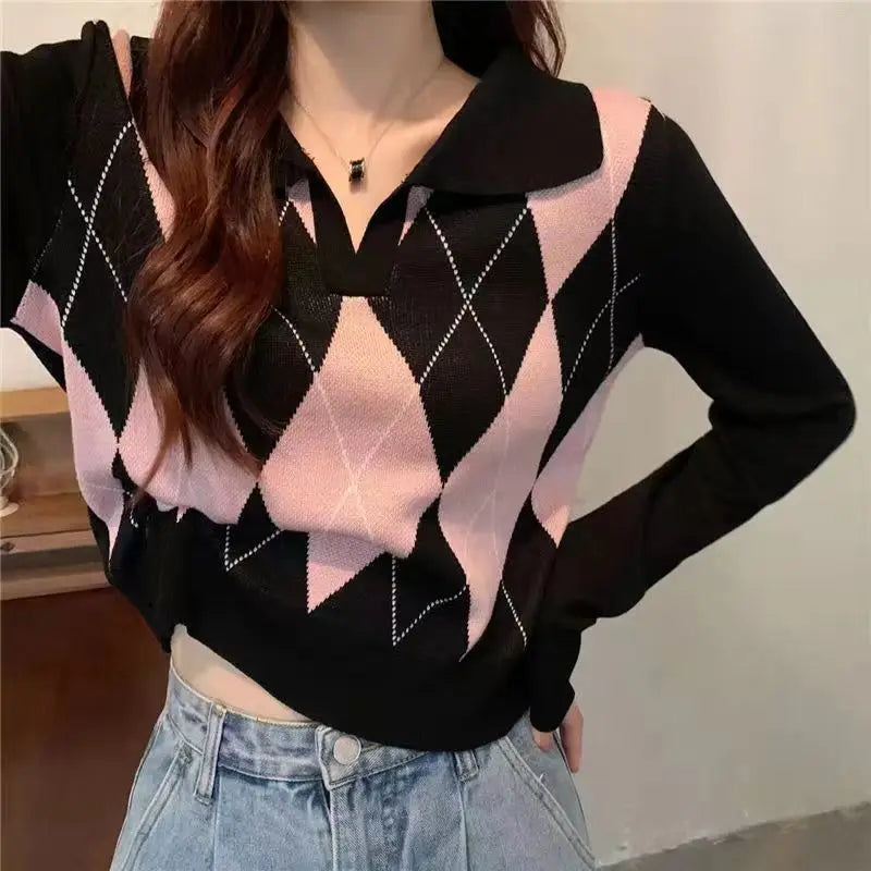 Autumn Winter Women Sweater Korean Fashion Lazy Wind Polo Collar Lingge Contrast Color Loose Long Sleeve Pullovers Knitted Tops voguable