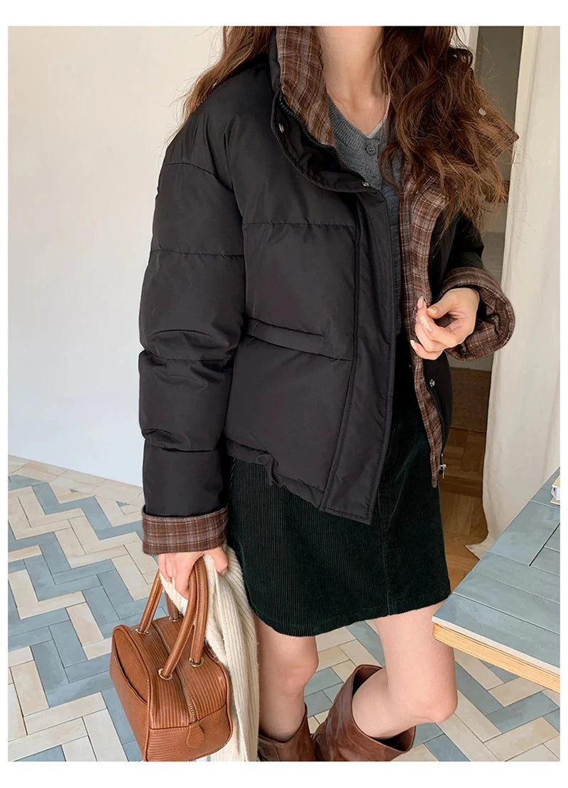 Winter Retro Puffy Parkas Women Warm Thick Plaid Patchwork Cute Coat Casual Preppy Style Korean Long Sleeve Cotton Jackets voguable