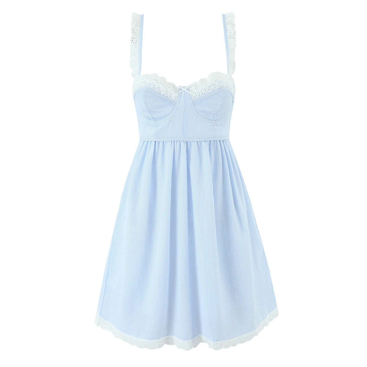 Women Lace Spliced Blue Striped Sling Short Dress Sexy Backless Bandage High Waist A-line Casual Summer Dresses voguable