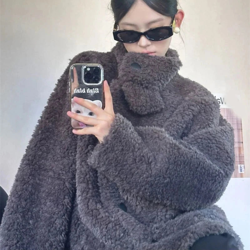 Japan Cute Faux Lamb Coat Women Loose Long Sleeve Winter Warm Retro Jacket Casual Stand Collar Preppy Style Pockets New Top voguable