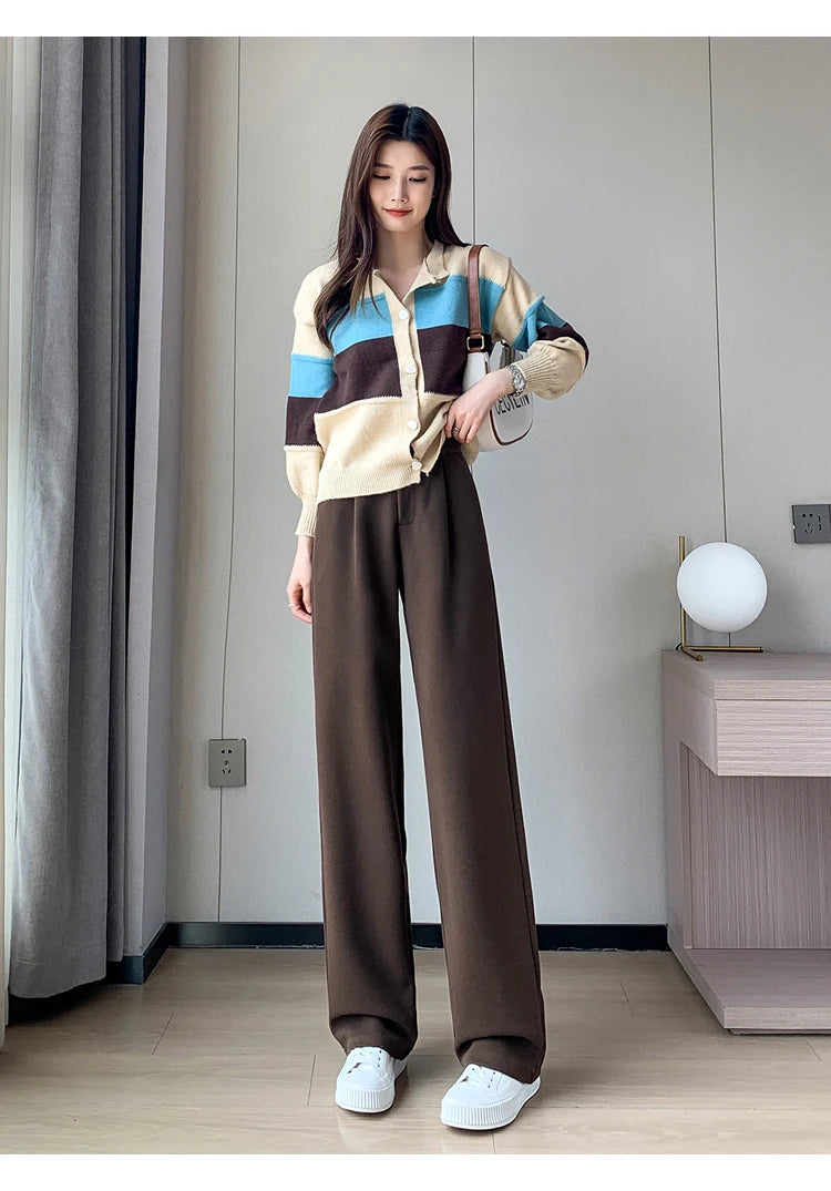 Voguable Winter Thick Loose Casual Female Wide Leg Pants Pure Color Chic Buttons Straight Slim Fashion Women Pants Black Apricot voguable