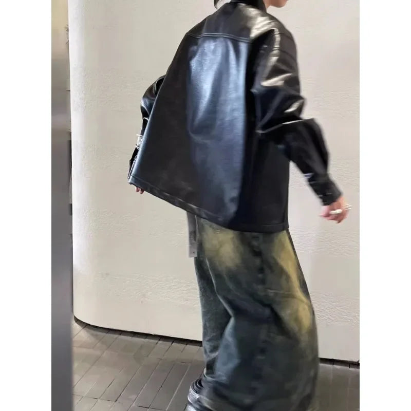 Voguable Fake Two-piece Loose Casual Zipper Jeans Women Autumn New Korean Distressed Washed All-match Denim Wide-leg Pants voguable