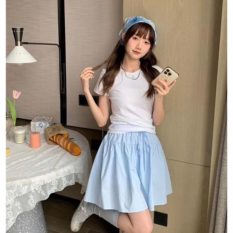 Cotton Casual Short A-line Skirt for Women High Waist Blue Elastic Waist Tie bow Sweet Loose Sports Skirt with Safety Shorts voguable