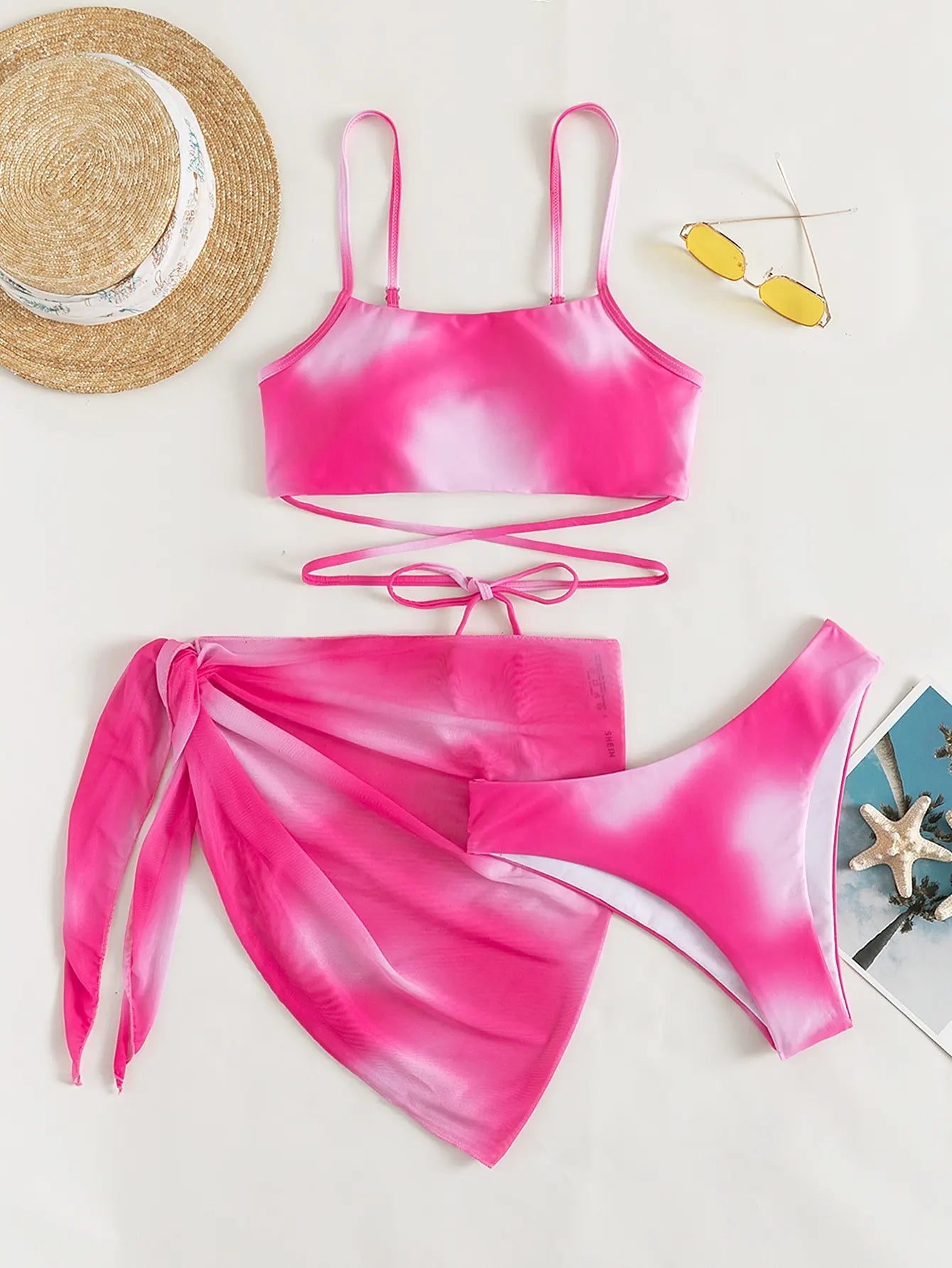 Voguable  3 Pieces Ombre Lace Up Bikini Swimsuit & Beach Skirt Sexy Swimwear Women Bathing Swimming Swim Suit Female Summer Beachwear voguable