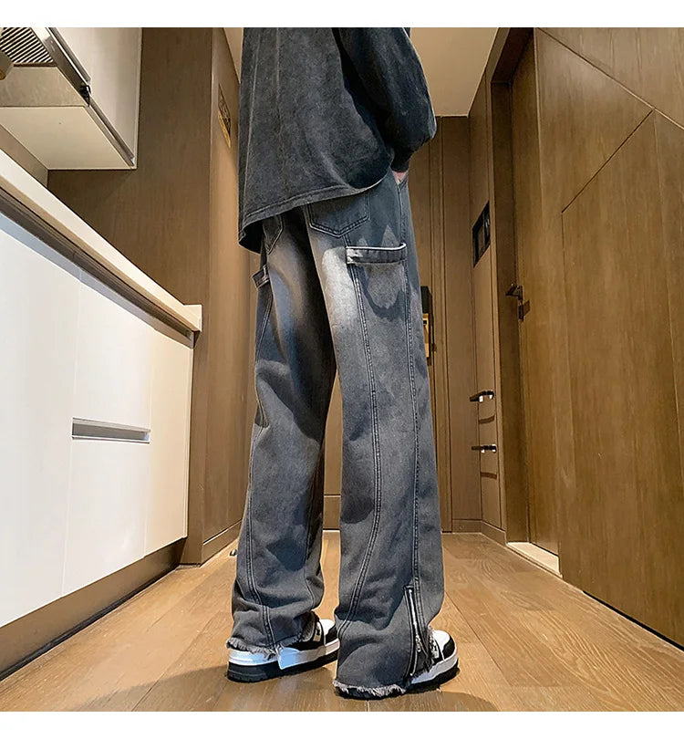 Autumn jeans men New Fashion Side Zipper Casual Jean Pants Men High Street Loose Straight Pant Mens Vintage All-match Trousers voguable