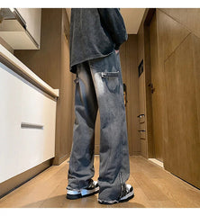 Autumn jeans men New Fashion Side Zipper Casual Jean Pants Men High Street Loose Straight Pant Mens Vintage All-match Trousers voguable